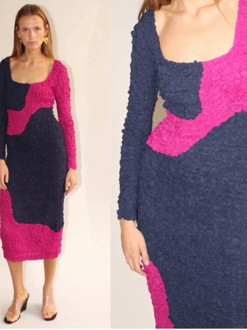 Mara Hoffman Navy and Fuchsia Textured Colorblock Long Sleeve Dress
